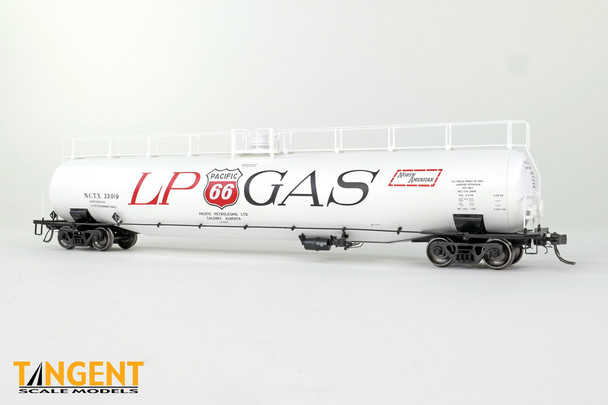 Tangent Scale Models 31161-02 -  “Pacific 66 Calgary AB 1964” NACC 1963 Design 33,000 Gallon Dual Diameter LPG/AA Tank Car NCTX 33019 - HO Scale