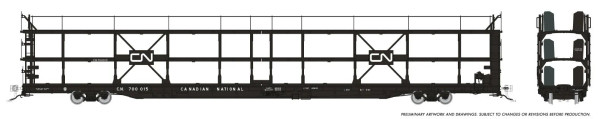 PRE-ORDER: Rapido 1024104A-700101 - NSC 89' Tri-Level Autorack Canadian National (CN) 700101 Delivery - HO Scale