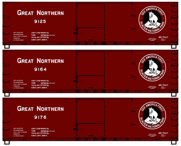 Accurail 8192 - USRA 40' Double-Sheathed Wood Boxcar 3-Pack  Great Northern (GN) 9125, 9164, 9176 - HO Scale Kit