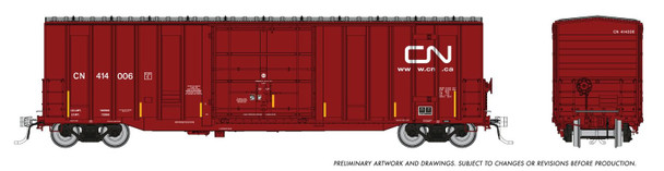 PRE-ORDER: Rapido 1131005A-414107 - Trenton Works 5277cuft boxcar Canadian National (CN) 414107 URL repaint w/conspicuity stripes - HO Scale