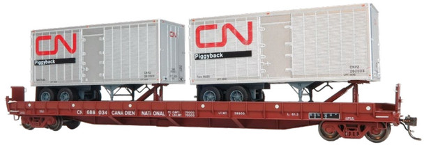 PRE-ORDER: Rapido 1130502A-688038 - Vancouver Iron Works Piggyback Flatcar w/ 2 26' Trailers Canadian National (CN) 688038 - HO Scale