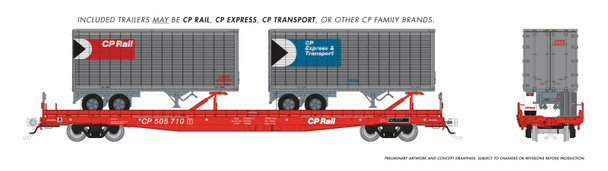 PRE-ORDER: Rapido 1130504A-505902 - Marine Industries Piggyback Flatcar w/ 2 26' Trailers Canadian Pacific (CP) 505902 - HO Scale