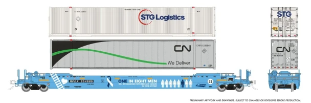 PRE-ORDER: Rapido 1132002 - 53' Husky-Stack well car + containers Railroad of Lies (RPDX) "Prostate Cancer Awareness": #654685 - HO Scale