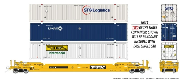 PRE-ORDER: Rapido 1132006A-646369 - 53' Husky-Stack well car + containers TTX (DTTX) 646369 (U.S. Containers) - HO Scale