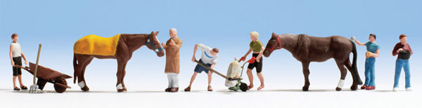 Noch 36634 - Working in the Stables -- 6 People & 4 Horses  - N Scale