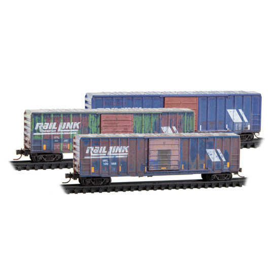 Micro-Trains by Atlas 983105108 - 50’ Single Door Rib Side Box Car without Roofwalk Weathered 3-Pack Montana Rail Link (MRL) 100980,  100982, 100989 - N Scale