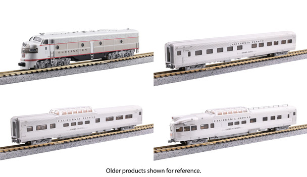 PRE-ORDER: Kato 106-058-1 - E8A + California Zephyr 4 Unit Starter Series Set w/Pre Installed Interior Lights (DC Silent) Chicago, Burlington & Quincy (CB&Q)  - N Scale