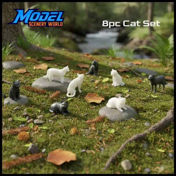 Model Scenery World N125 - Cat Figure Set - Black & White (8pc)  - N Scale