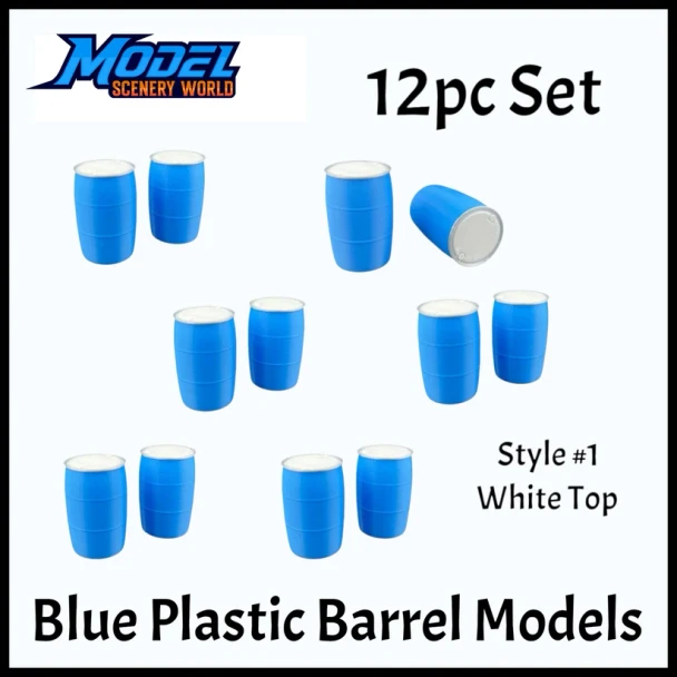 Model Scenery World N173 - Plastic Drum Rain Barrel 12pc Set-Blue/White Top  - N Scale