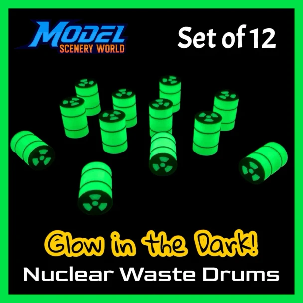 Model Scenery World HO138 - GLOW In Dark Nuclear Waste Drum (12pc) - Green Black Stripe  - HO Scale