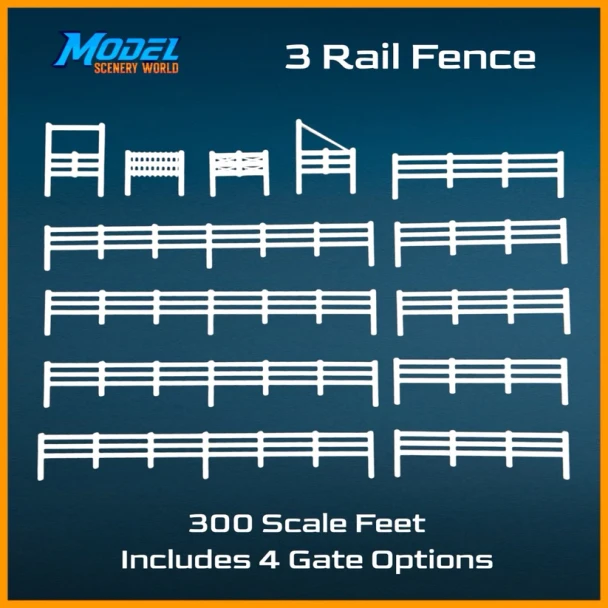 Model Scenery World HO274 - 3 Rail Fence 300' + 4 Gates - White  - HO Scale