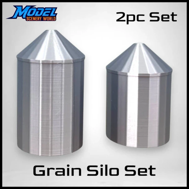 Model Scenery World HO295 - (2) Grain Silo Set (1) 35' (1) 40' - Metallic Silver  - HO Scale