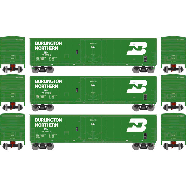 Athearn 2058 - 50' Youngstown Plug Door Box Car (3) Burlington Northern (BN) 747917/747936/747955 - HO Scale