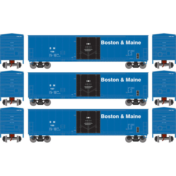 Athearn 2067 - 50' Youngstown Plug Door Box Car (3) Boston & Maine (BM) 155/157/158 - HO Scale