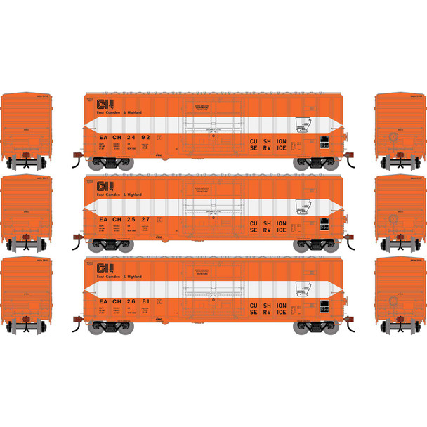 Athearn 2779 - 50' FMC 5327 12' Plug Door Box Car (3) East Camden and Highland Railroad (EACH) 2492/2527/2681 - HO Scale