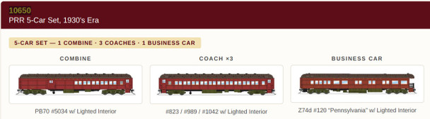 PRE-ORDER: Broadway Limited 10650 - Heavyweight 5-Car Passenger Set Pennsylvania (PRR) PB70 #5034, P70 #823, P70 #989, P70 #1042, Z74d #120 "Pennsylvania" 1930's Era - N Scale