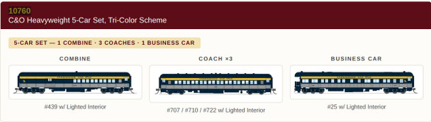 PRE-ORDER: Broadway Limited 10760 - Heavyweight 5-Car Passenger Set Chesapeake & Ohio (C&O) Tri-Color Scheme - N Scale
