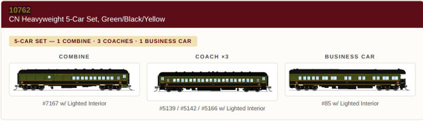 PRE-ORDER: Broadway Limited 10762 - Heavyweight 5-Car Passenger Set Canadian National (CN) Green/Black/Yellow Scheme - N Scale