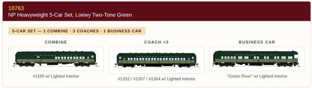 PRE-ORDER: Broadway Limited 10763 - Heavyweight 5-Car Passenger Set Northern Pacific (NP) Loewy Two-Tone Green - N Scale