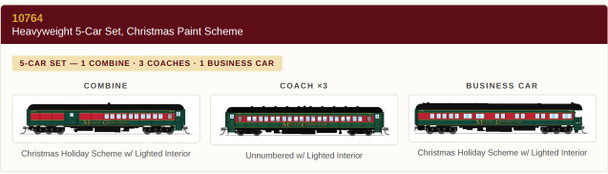 PRE-ORDER: Broadway Limited 10764 - Heavyweight 5-Car Passenger Set Christmas Paint Scheme - N Scale