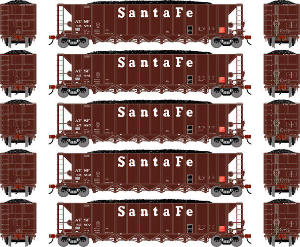 PRE-ORDER: Athearn 3833 - Ortner 5-Bay Rapid Discharge Hopper w/Coal Load (5) Atchison, Topeka and Santa Fe (ATSF) 85870/85881/85885/85892/85897 - HO Scale