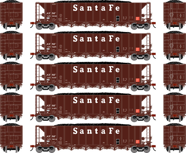 PRE-ORDER: Athearn 3834 - Ortner 5-Bay Rapid Discharge Hopper w/Coal Load (5) Atchison, Topeka and Santa Fe (ATSF) 85825/85837/85845/85864/85900 - HO Scale
