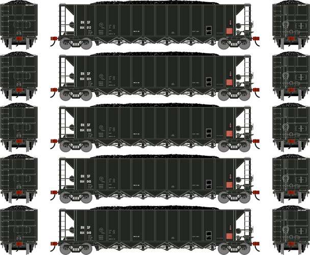 PRE-ORDER: Athearn 3836 - Ortner 5-Bay Rapid Discharge Hopper w/Coal Load (5) BNSF 664012/664024/664033/664045/664049 - HO Scale