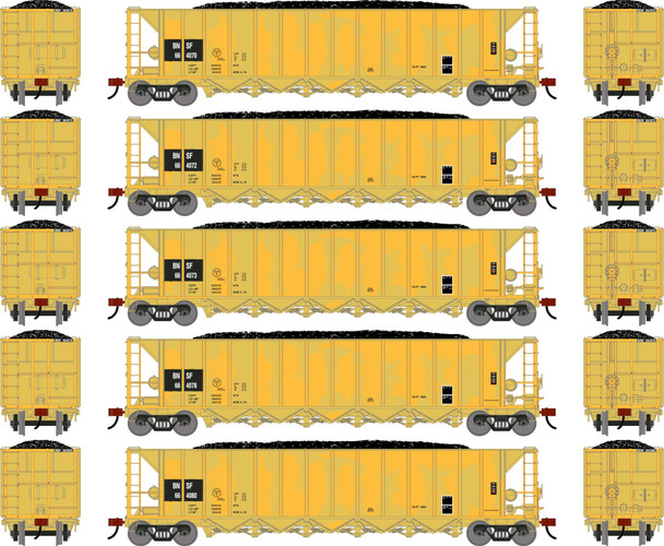 PRE-ORDER: Athearn 3837 - Ortner 5-Bay Rapid Discharge Hopper w/Coal Load (5) BNSF 664070/664072/664073/664078/664080 (patched/Primed for Grime) - HO Scale