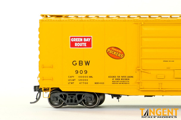 Tangent Scale Models 26020-02 - Yellow Repaint 1963+ 40′ PS-1 9' Door Boxcar Green Bay & Western (GBW) 937 - HO Scale