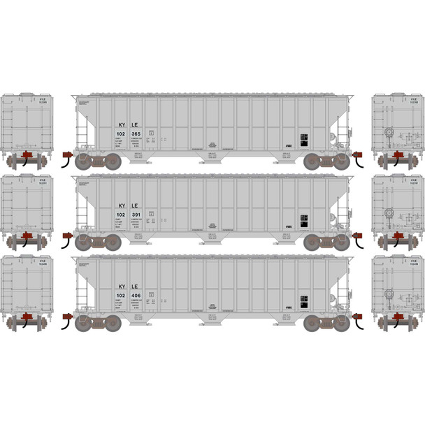 Athearn 2493 - FMC 4700 Covered Hopper, Primed For Grime 3 Pack KYLE 102365/102391/102406 - HO Scale