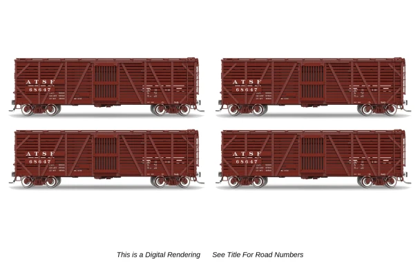 PRE-ORDER: Broadway Limited 10720 - 40' Wood Stock Car 4-Pack (No-Sound) Atchison, Topeka and Santa Fe (ATSF) 68695, 68757, 68796, 68823 - HO Scale