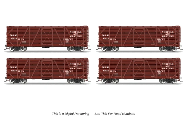 PRE-ORDER: Broadway Limited 10724 - 40' Wood Stock Car 4-Pack (No-Sound) Norfolk & Western (NW) 33089, 33156, 33242, 33283 - HO Scale