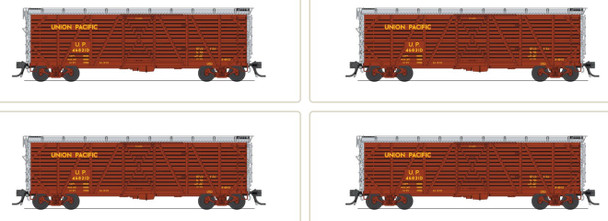 PRE-ORDER: Broadway Limited 10727 - 40' Wood Stock Car 4-Pack (No-Sound) Union Pacific (UP) 46863D, 46901D, 46945D, 46982D - HO Scale