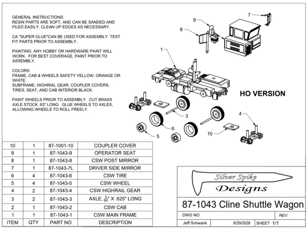 Silver Spike Designs 87-1043 - Cline ShuttleWagon Rail Car Mover  - HO Scale Kit