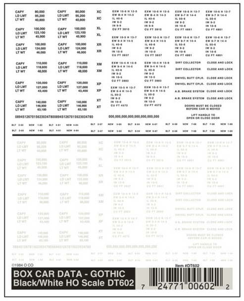 Woodland Scenics #602 - Box Car Data Gothic Black/White HO Scale