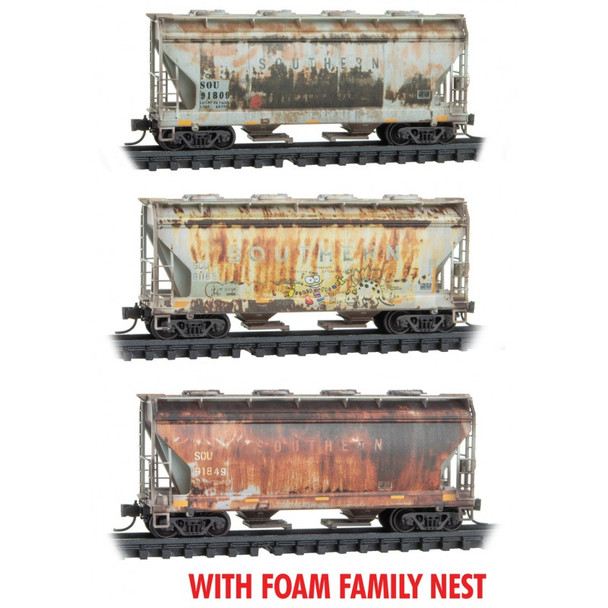 Micro-Trains Line 99305037 - 2-Bay Covered Hopper WEATHERED FOAM 3pk  Southern (SOU) 91809, 91165, 91849 - N Scale