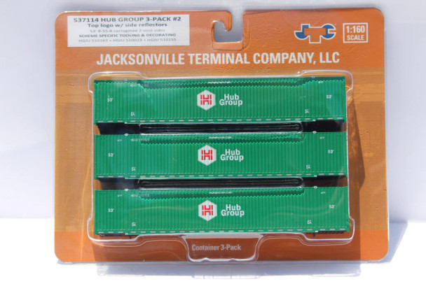 Jacksonville Terminal Co 537114 - 53' 8-55-8 corrugated 2-vent sides, HUB GROUP with Top Logo (3-pack) Set # 2 corrugated containers Hub Group (HGIU) 510163, 510023, 510155 - N Scale