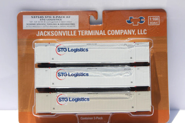 Jacksonville Terminal Co 537145 - STG Logistics variety pack w/XPO patch 53' HIGH CUBE 8-55-8 Set # 2 corrugated containers STG Logistics (STTU) see description - N Scale