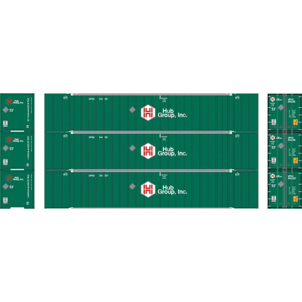 Athearn 40124 - 53' Stoughton Containers (3) Hub Group (HGIU)  - HO Scale