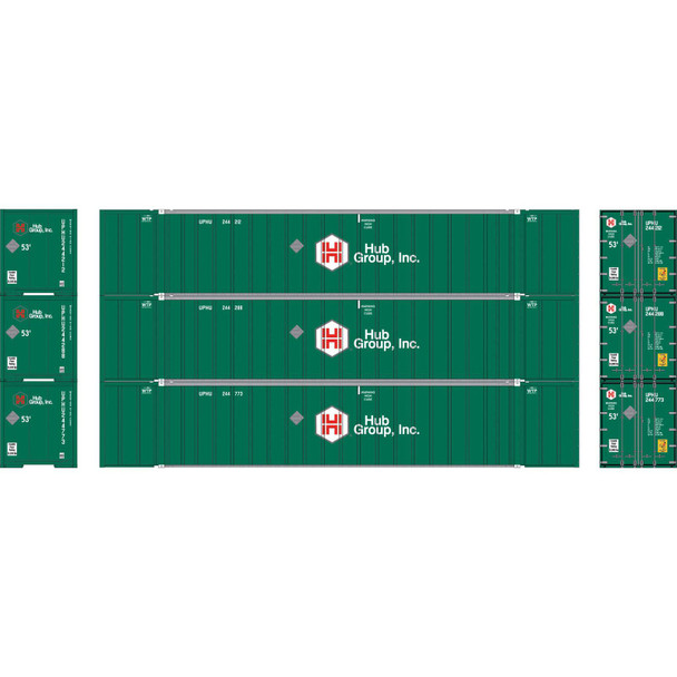 Athearn 40125 - 53' Stoughton Containers (3) Hub Group (HGIU)  - HO Scale