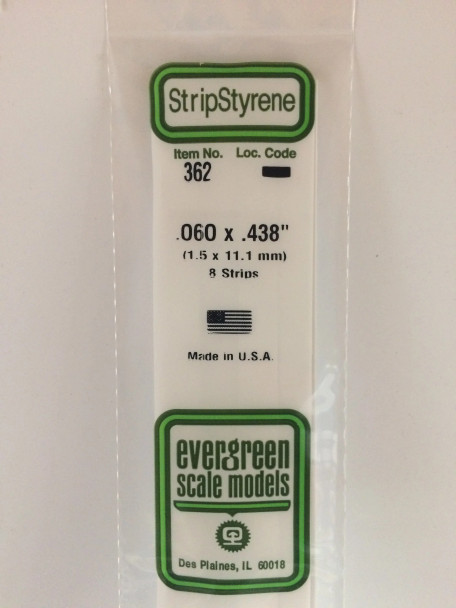 Evergreen 362 - .060" X .438" X 24" Opaque White Polystyrene Strip 8pcs
