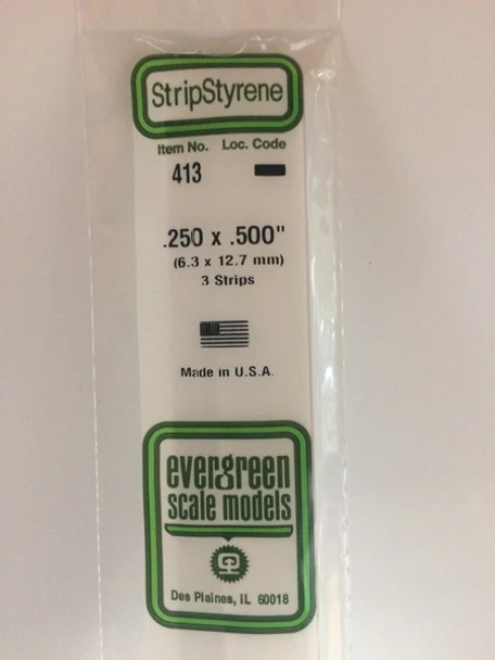Evergreen 413 - .250" X .500" X 24" OPAQUE WHITE POLYSTYRENE STRIP  - Multi Scale