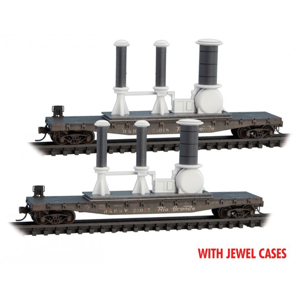 Micro-Trains Line 98302232 - DRGW Flat Car - Weathered 2-pack w/ Power Load  - Jewel Case Denver & Rio Grande Western (D&RGW) 23018, 23027 - N Scale