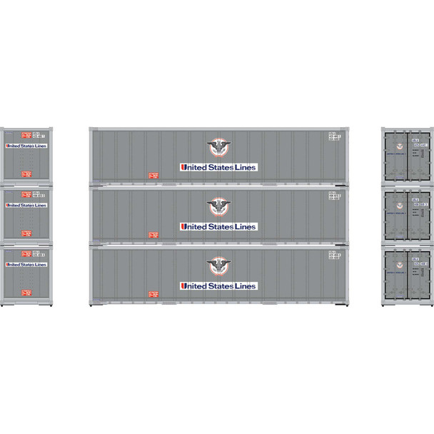 Athearn 63389 - 40' Smooth Side Containers (3) United States Lines  - HO Scale