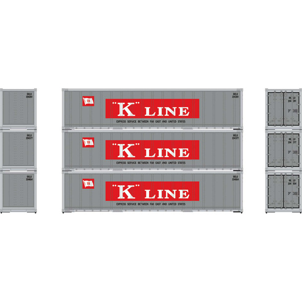 Athearn 63393 - 40' Smooth Side Containers (3) Kawasaki Kisen Kaisha, Ltd (K Line)  - HO Scale