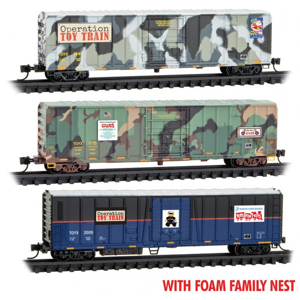 Micro-Trains Line 99401272 - Toys for Tots 50' Ribside Box Car 3-pack - Foam Insert Toys for Tots (TOYX) 1947, 1775, 2009 - Z Scale