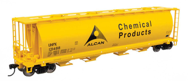 Walthers Mainline 910-7871 - 59' Cylindrical Hopper - Alcan (yellow, black; English & French lettering, round hatches) Procor (UNPX) 121488 - HO Scale