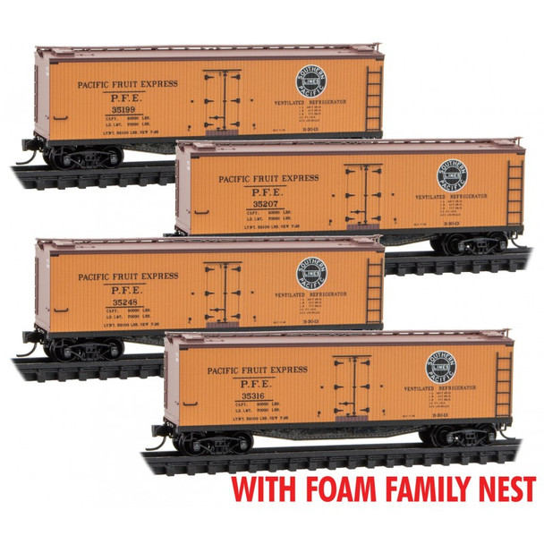 Micro-Trains Line 99300219 - 40' Double Sheathed Wood Reefer w/ Vertical Brake Wheel - PFE UP/SP 4-pk RP#219 FOAM Pacific Fruit Express (PFE) 35199, 35207, 35248, 35316 - N Scale