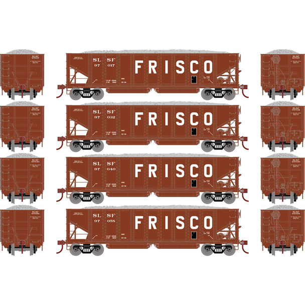 Athearn 7638 - 40' Ribbed 3-Bay Ballast Hopper (4) St Louis - San Francisco (SLSF) 97017, 97032, 97040, 97058 - HO Scale