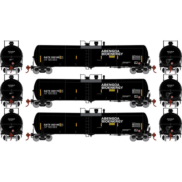 Athearn 29922 - 30,000 Gallon Ethanol Tanker (3) Abengoa Energy (GATX) 202168, 202170, 202199 - HO Scale